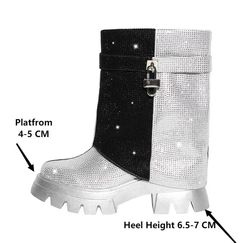 Fold Over Rhinestone Trim Boots Round Toe Handmade Female Side Zipper Mid-Calf Boots