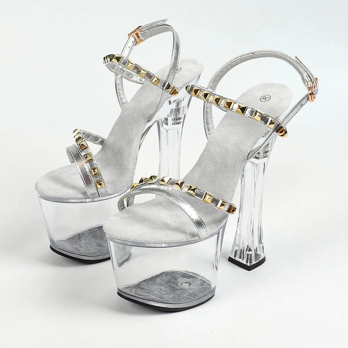 Summer Women's Rivets Sandals 17cm Transparent Thin High Heel OpenToe Shoes