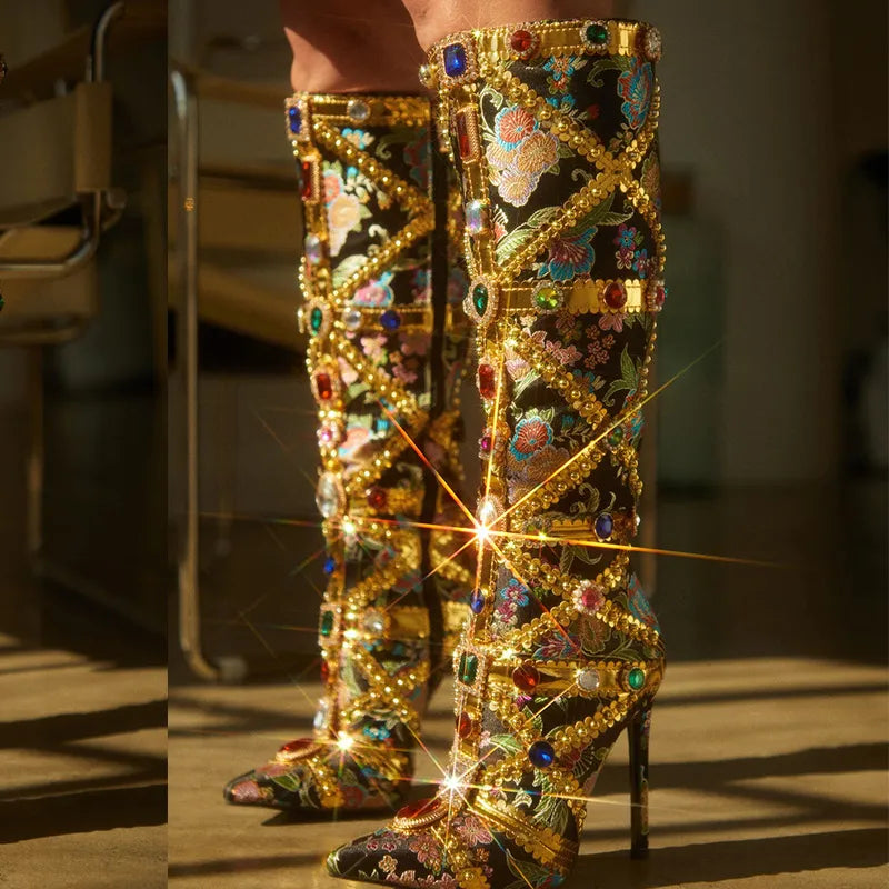 Runway Fashion Color Gem Knee High Boots Women