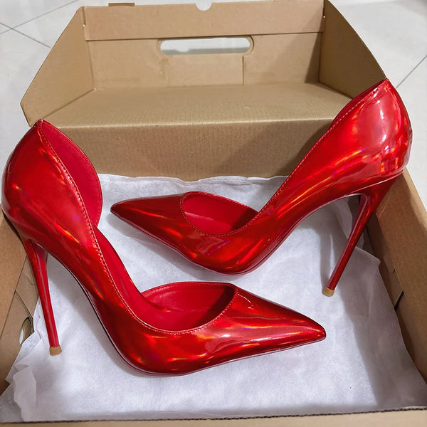 New Arrival 12cm Women Sexy Elegant All Red Pumps Stilettos Side V Cut High Heels