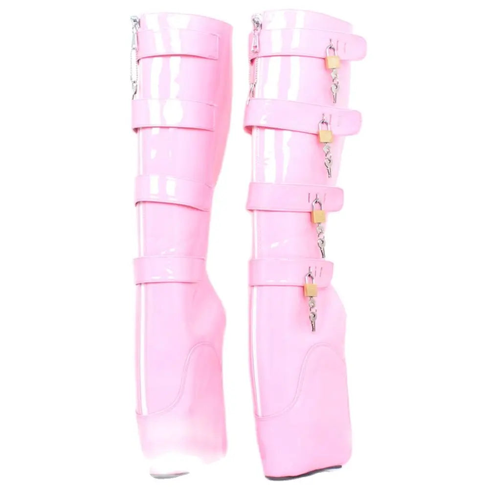 Women Knee-High Boots 7' Super High Wedge Ballet Heel Lockable Boots