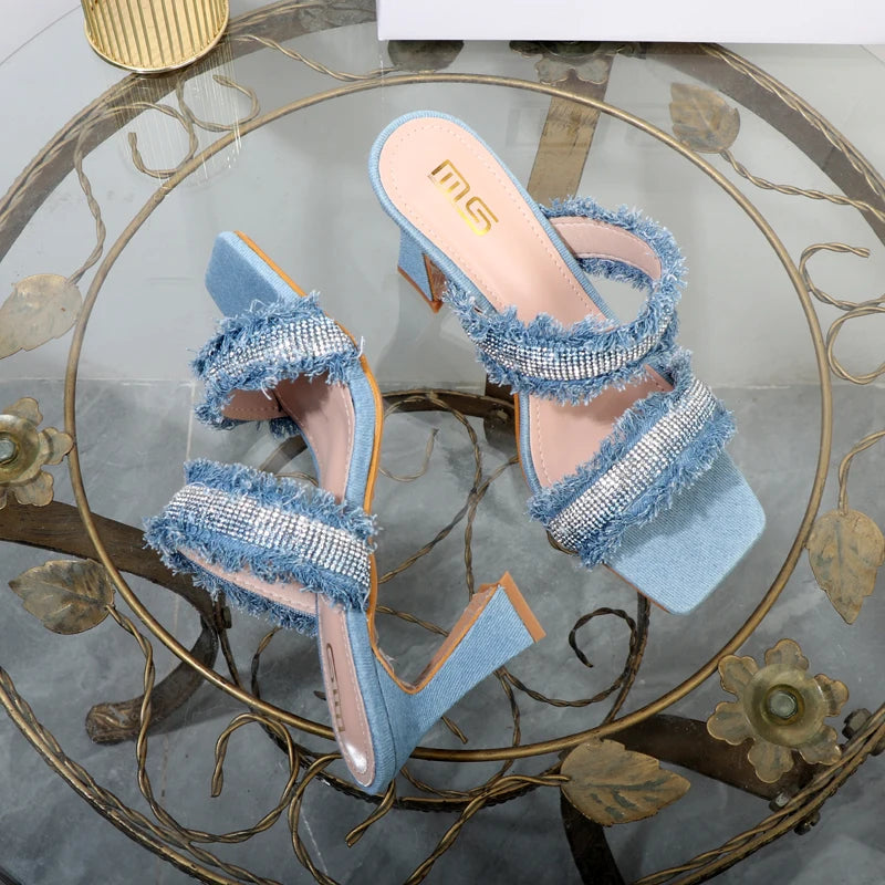 Denim women slippers  new rhinestone plush stiletto heels women