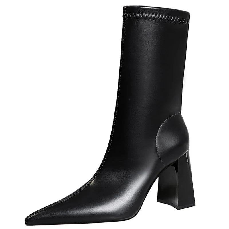 Fashion High-heeled Boots Pu Leather Boots Thick Heel Ankle Boots For Women