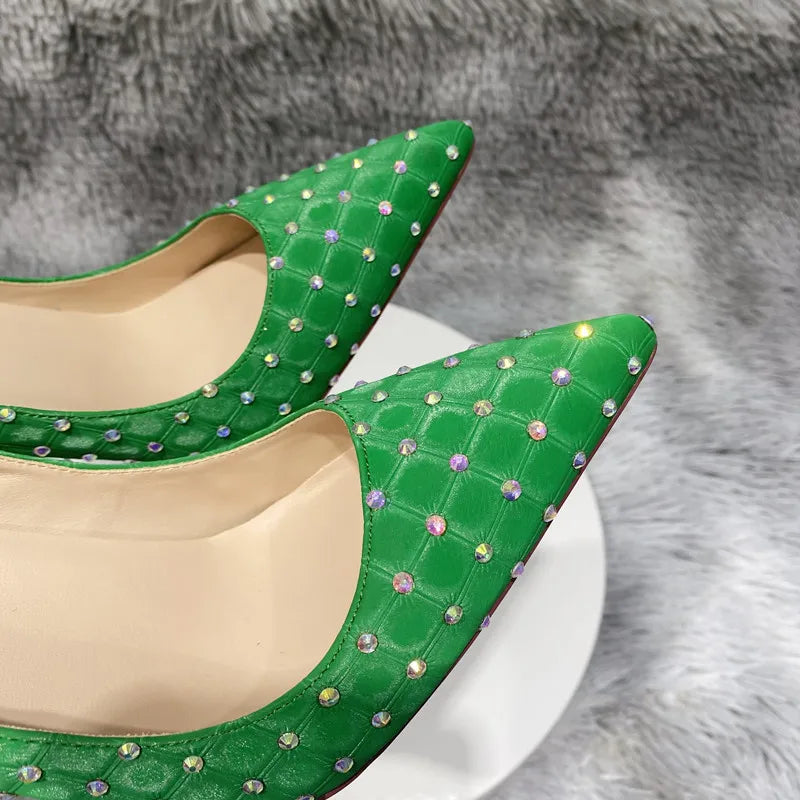 Rhinestones Women Green Flock Fabric Plaid Pointy Toe High Heel Shoes