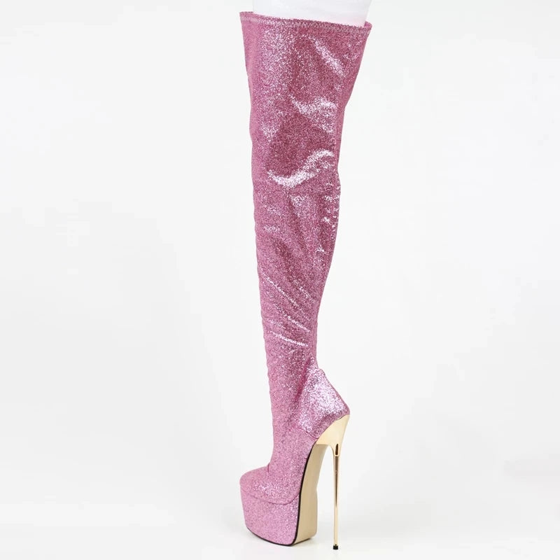 American Style Glitter Round Toe 22CM Super High Heel Platform Side-Zip  Long Women's Boots
