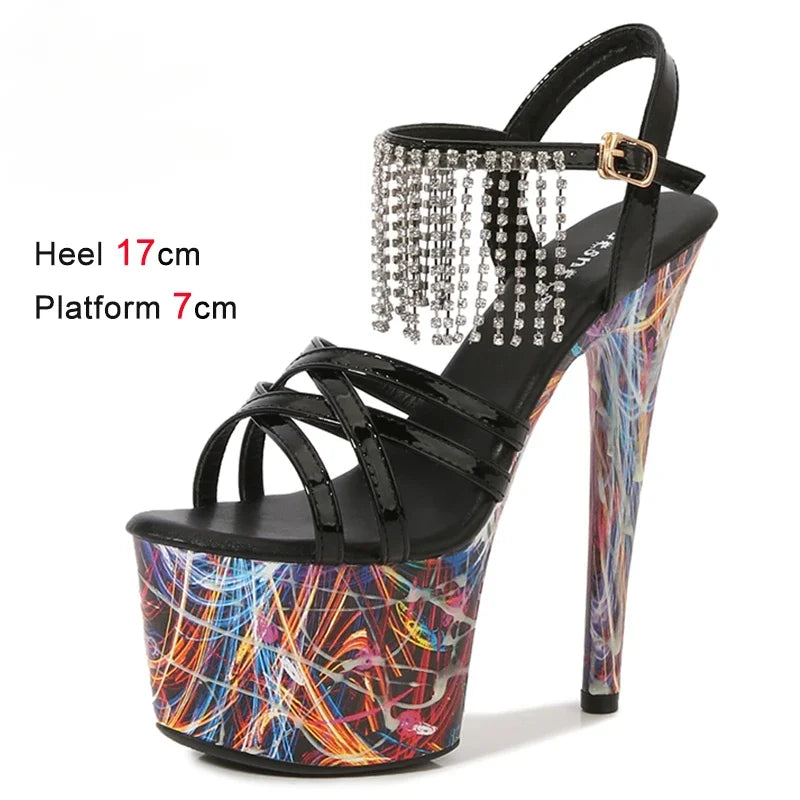 Summer Diamond Shoes Woman Luxury Sandals Platform Ladies Stripper 17cm