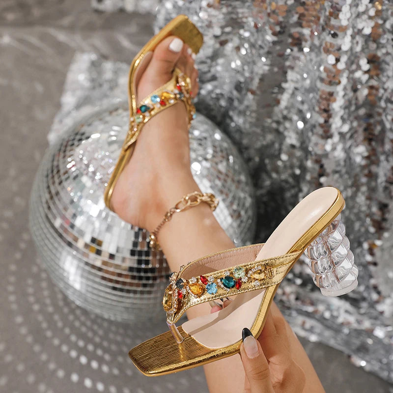 Fashion Colour Gem Rivet Women Slippers Sandals Transparent Strange Low Heels Slides Shoes