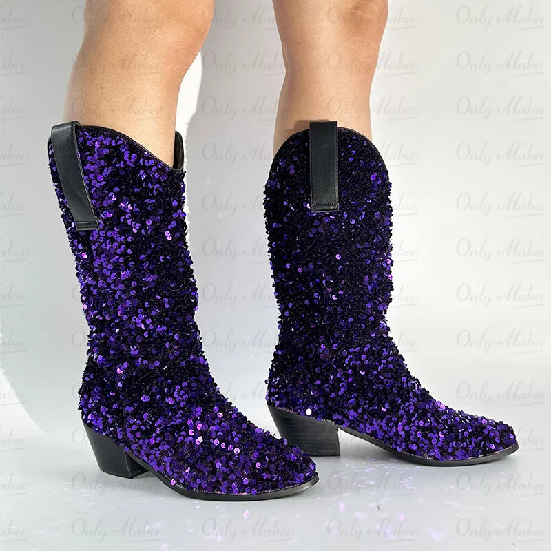 Women Glitter Pointed Toe  Knee High Boots