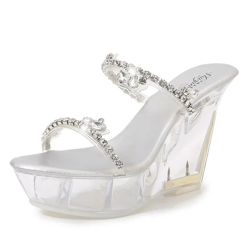 Plus Size Crystal PVC Sandals Gems Wedges Clear Platform Summer Party Shoes