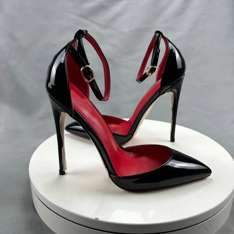 Patent Leather Women Ankle Strap D'orsay Stiletto Pumps Pointed Toe Sexy High Heel