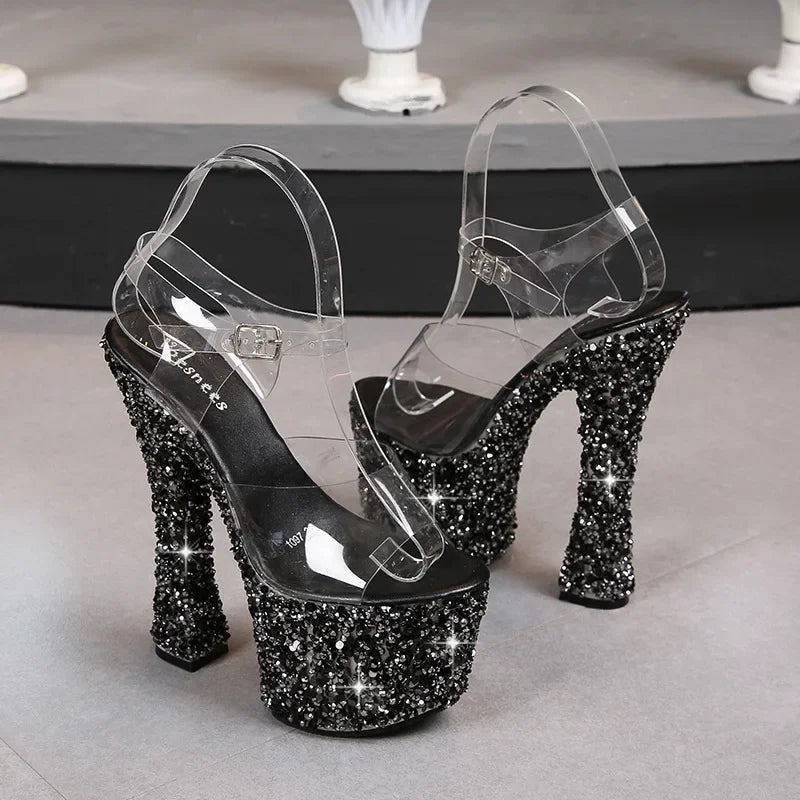 Summer Wedding Party Sandals Sequin Rhinestone Peep Toe Woman Shoes 17.5cm Thin High Heels