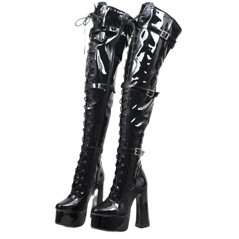 Women Thigh High Boots 15CM Block Heel Platform Cross-tied Over-the-Knee Long Boots