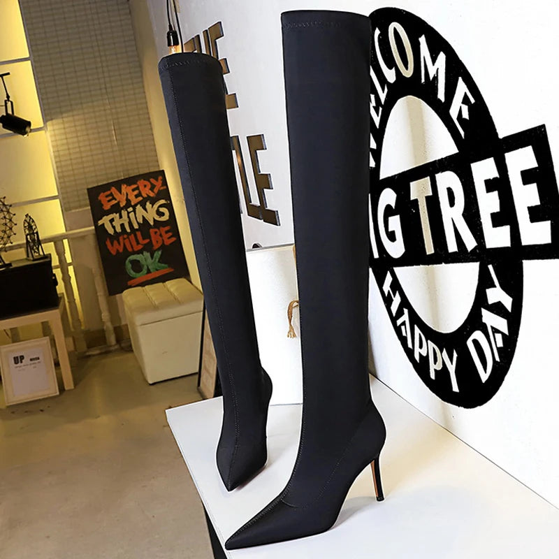Women New Over-the-Knee Boots Pointed High-heeled Boots Satin Elastic Boots