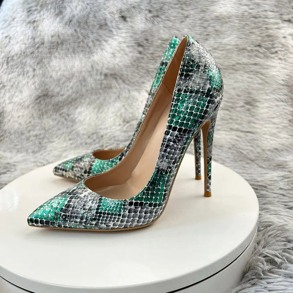 Snake pattern blue green spring women pumps