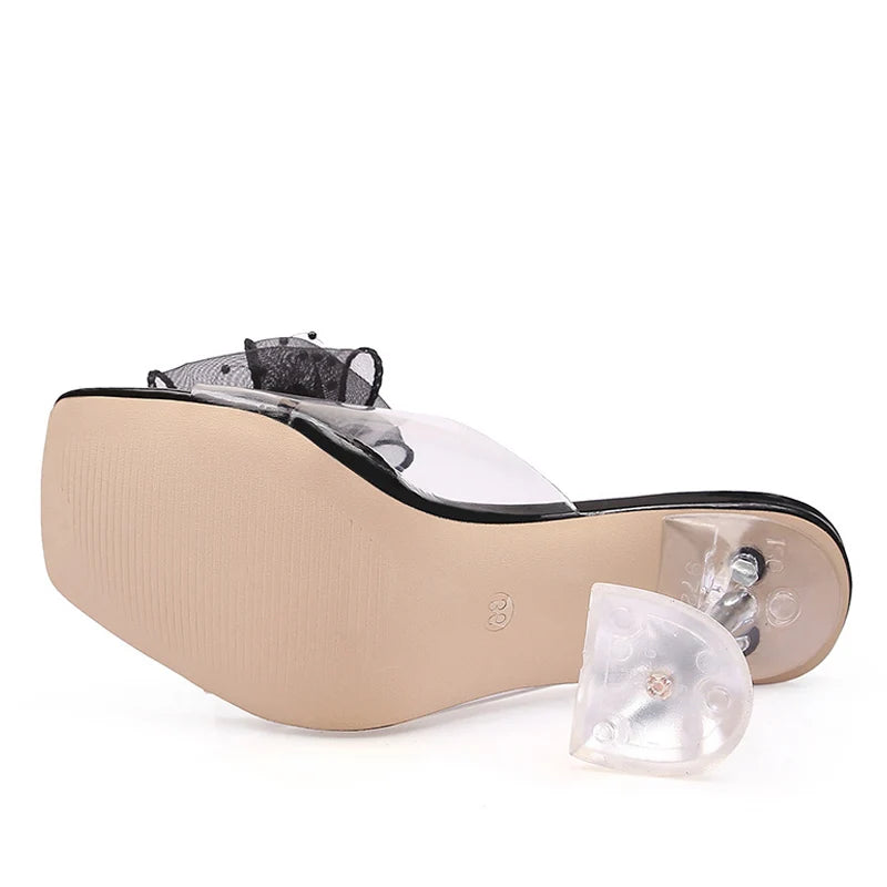 Crystal Flowers Square Toe Clear Heels