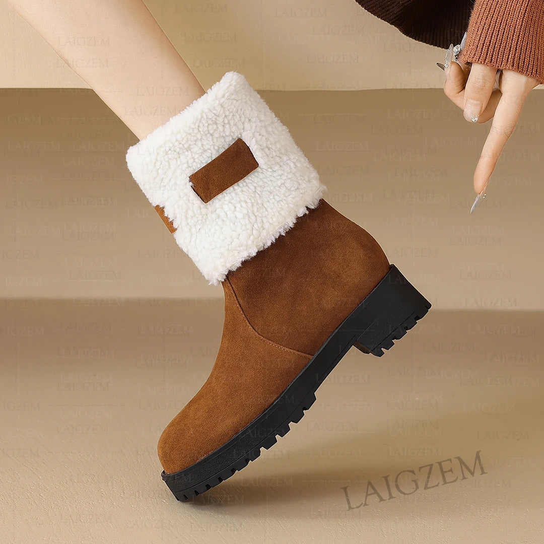 Faux Suede Round Toe 2CM Thick High Heels Winter Short Boots Handmade Shoes Woman