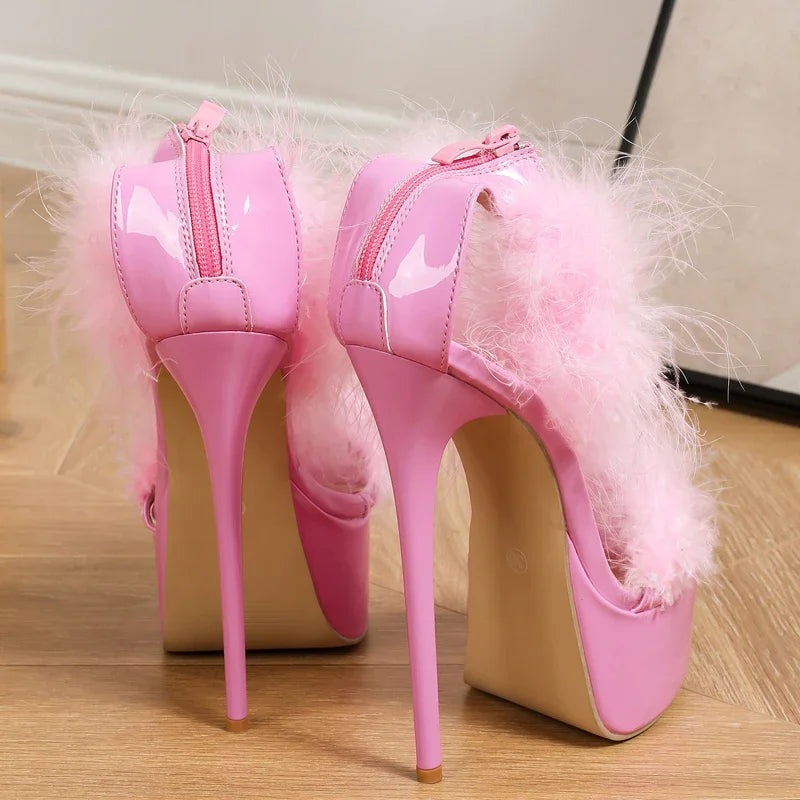 Designer Faux Fur High Heels Woman Sandals