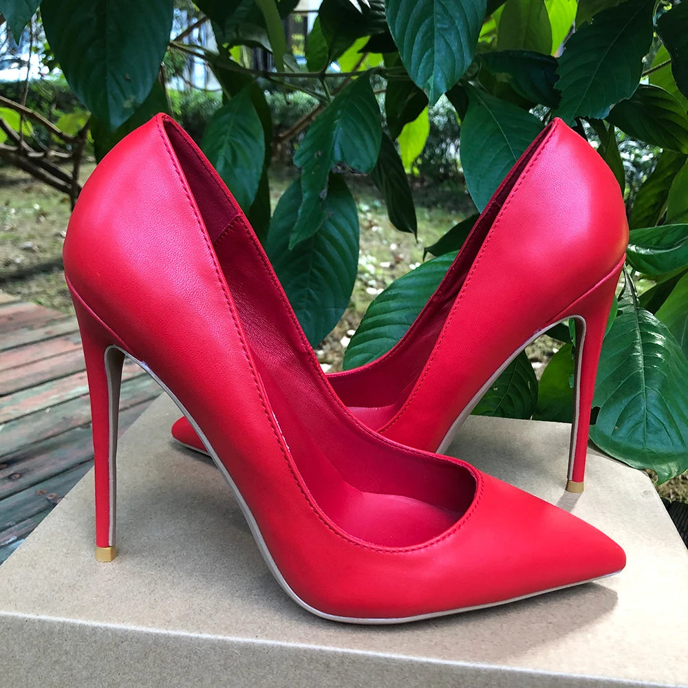 Elegant All Red Matte12cm Stiletto Pumps Women Sexy Pointed Toe High Heels