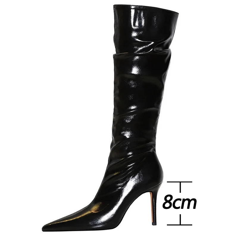 Knee-High Boots Pointed Patent Leather Wrinkled Sexy High Heel Boots For Women