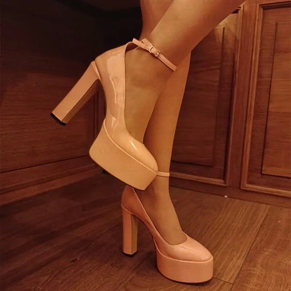 Women Pumps Mary-Jane Platform  Pink Chunky  High Heels