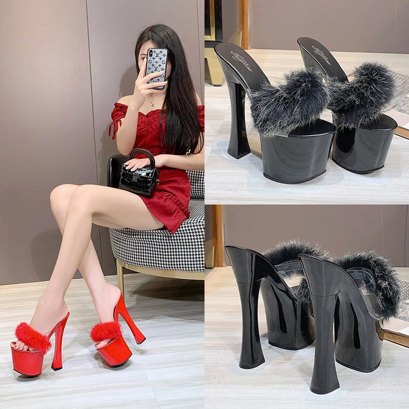 Summer Feather Shoes Woman Transparent Platform Slippers Ladies Wedding Show Sandals