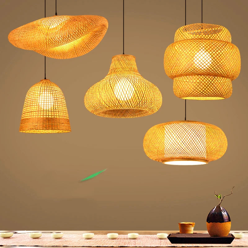 LED Handmade Rattan Chandelier Round Straw Hat Bamboo lampshane