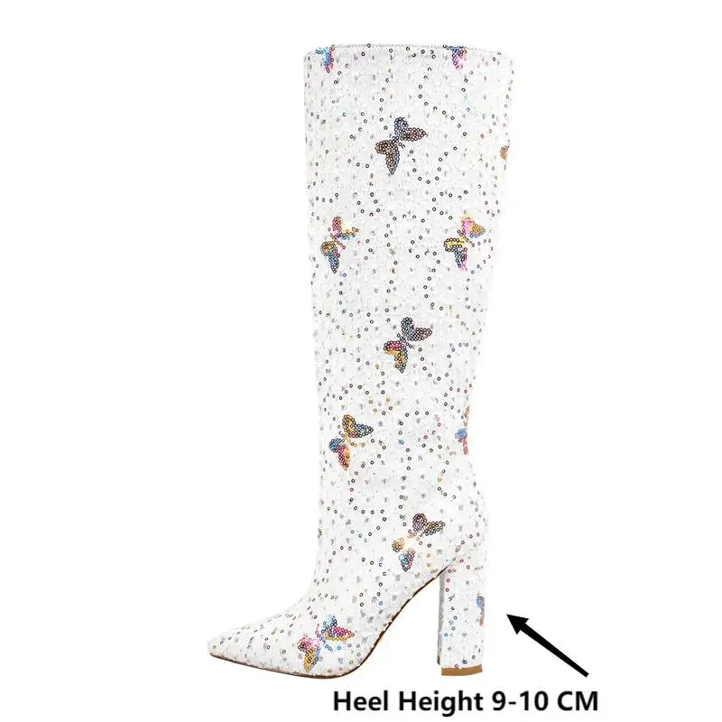 Pointed Toe  Knee High Boots  Block Heel Fashion White Boots