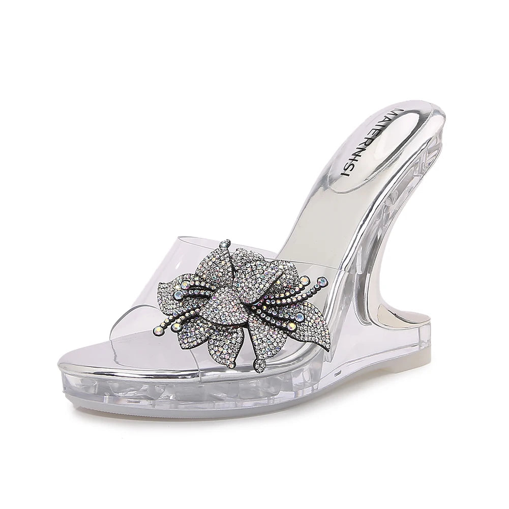 Summer Bridal Red Wedges Crystal Slippers Transparent 12cm High Heels Sandals