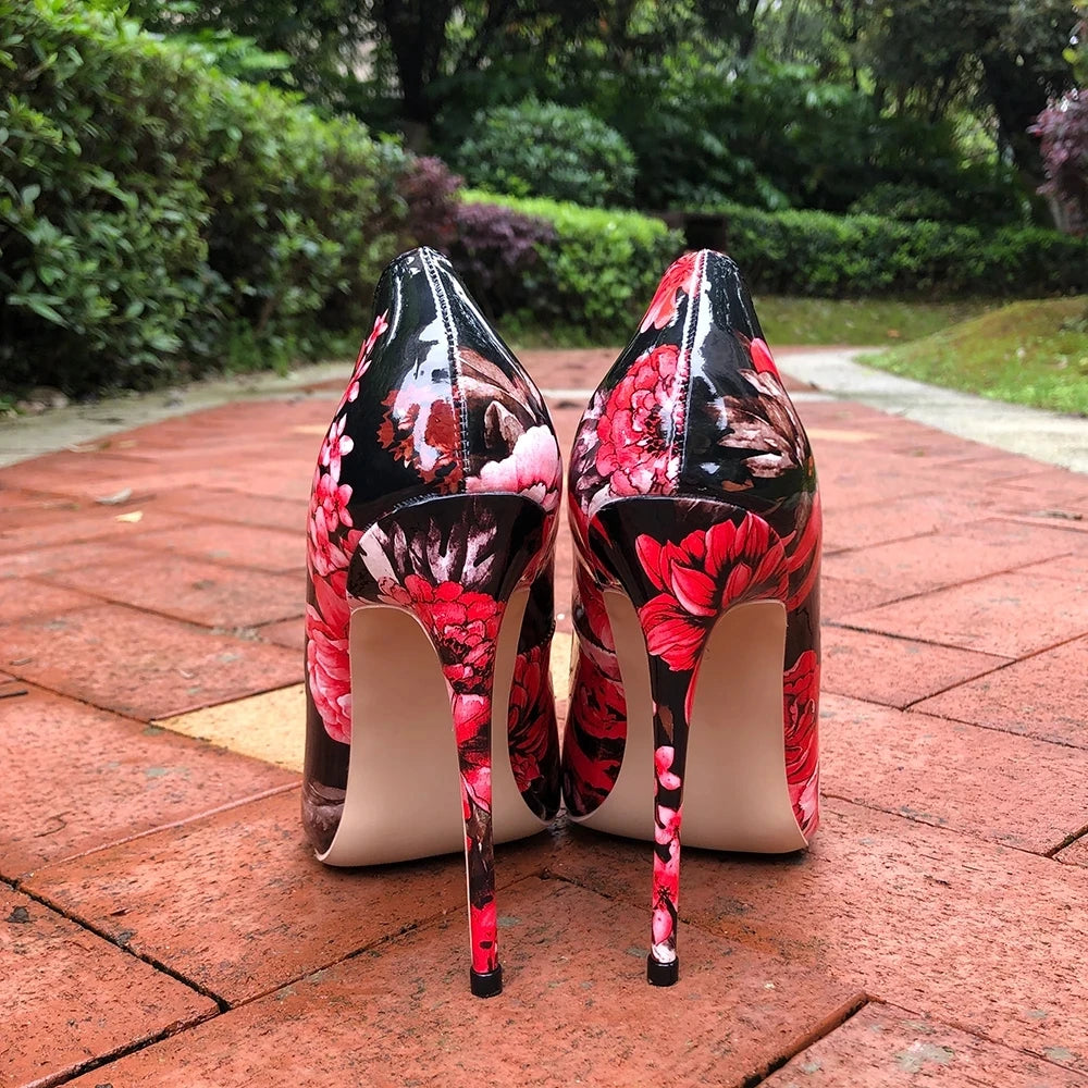 Women Gloossy Floral Printed Pointed Toe High Heels