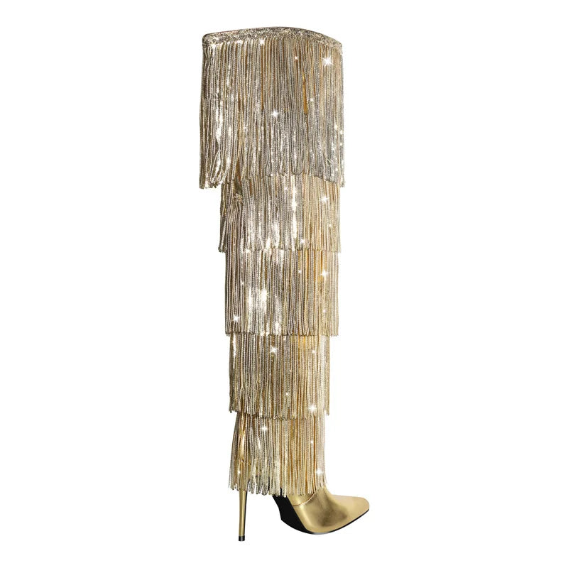 Pointed Toe  Gold Fringe Metallic Slim  Over The Knee Boots Stiletto Sexy Dance Thigh Boots