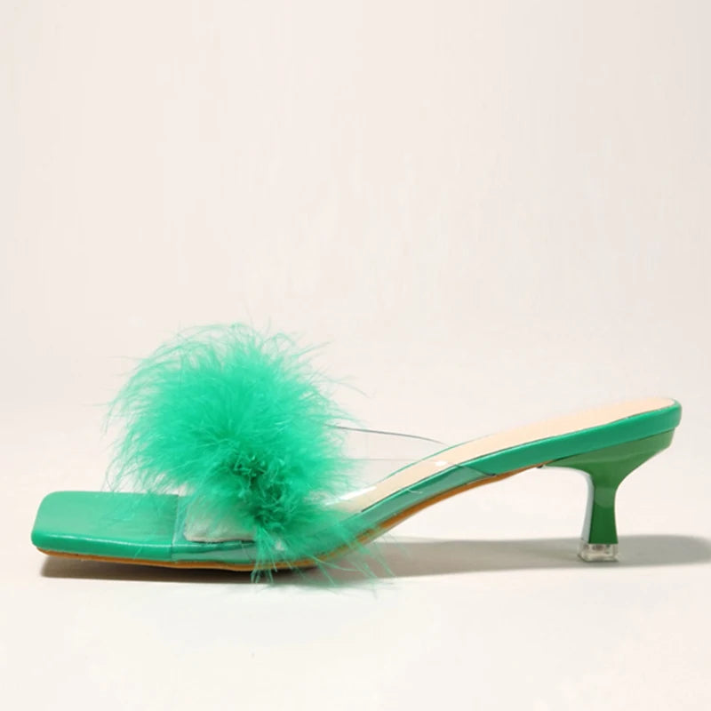 Summer Fashion Green Fur Feather PVC Transparent Sandals Shoes