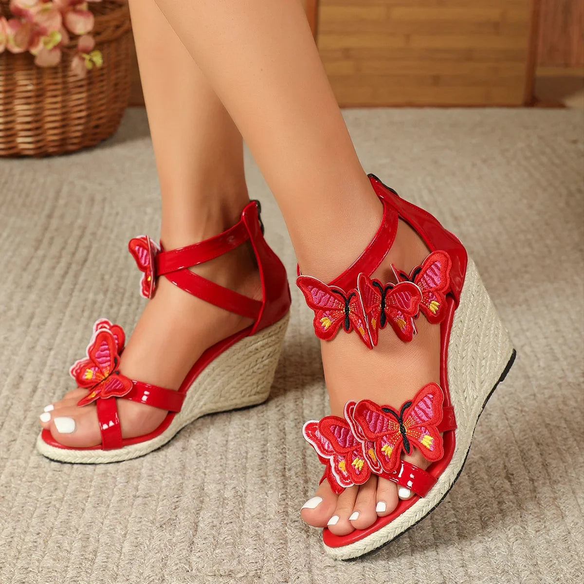 Summer 8CM Wedges Sandals For Women's Hemp Rope Platform Butterfly High Heels