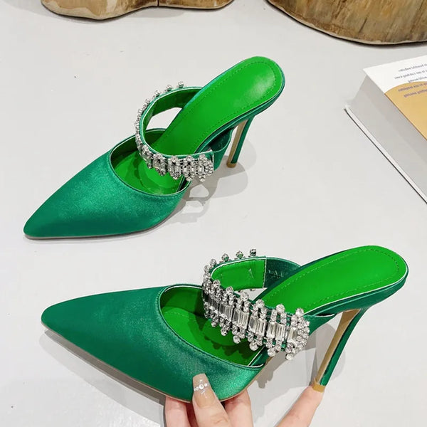 Fashion Rhinestone High Heels Women Slippers Pointed Toe Slip On Mules Shoes