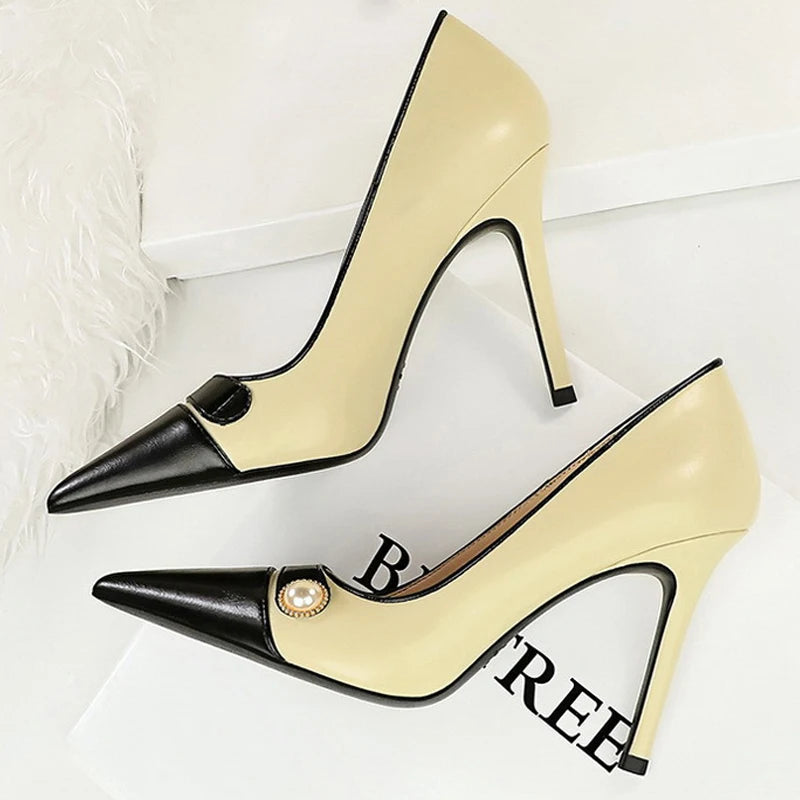 Retro Women Pumps Pearl Color Matching High Heels Pointed Shoes Stilettos Heels
