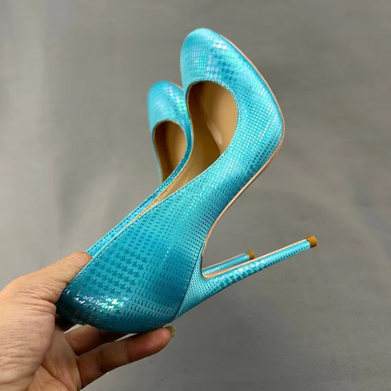 Green Blue Snakeskin Women Slip On High Heel Shoes