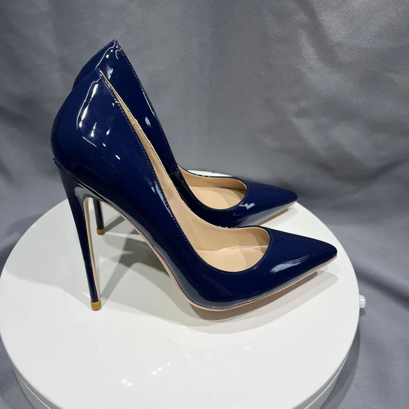 Women Navy Blue Patent Pumps Low Cut Pointy Toe Stilettos