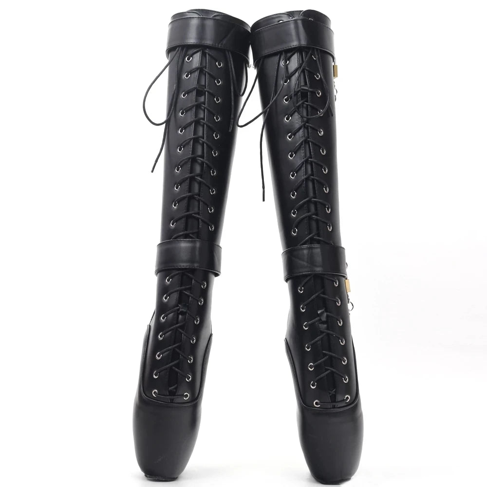 Sexy Hoof Heel Knee-high Boots Pointed Toe Lockable Ballet Boots With Lock