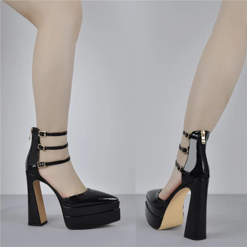 Women Platform Black Patent Leather Thin Heels