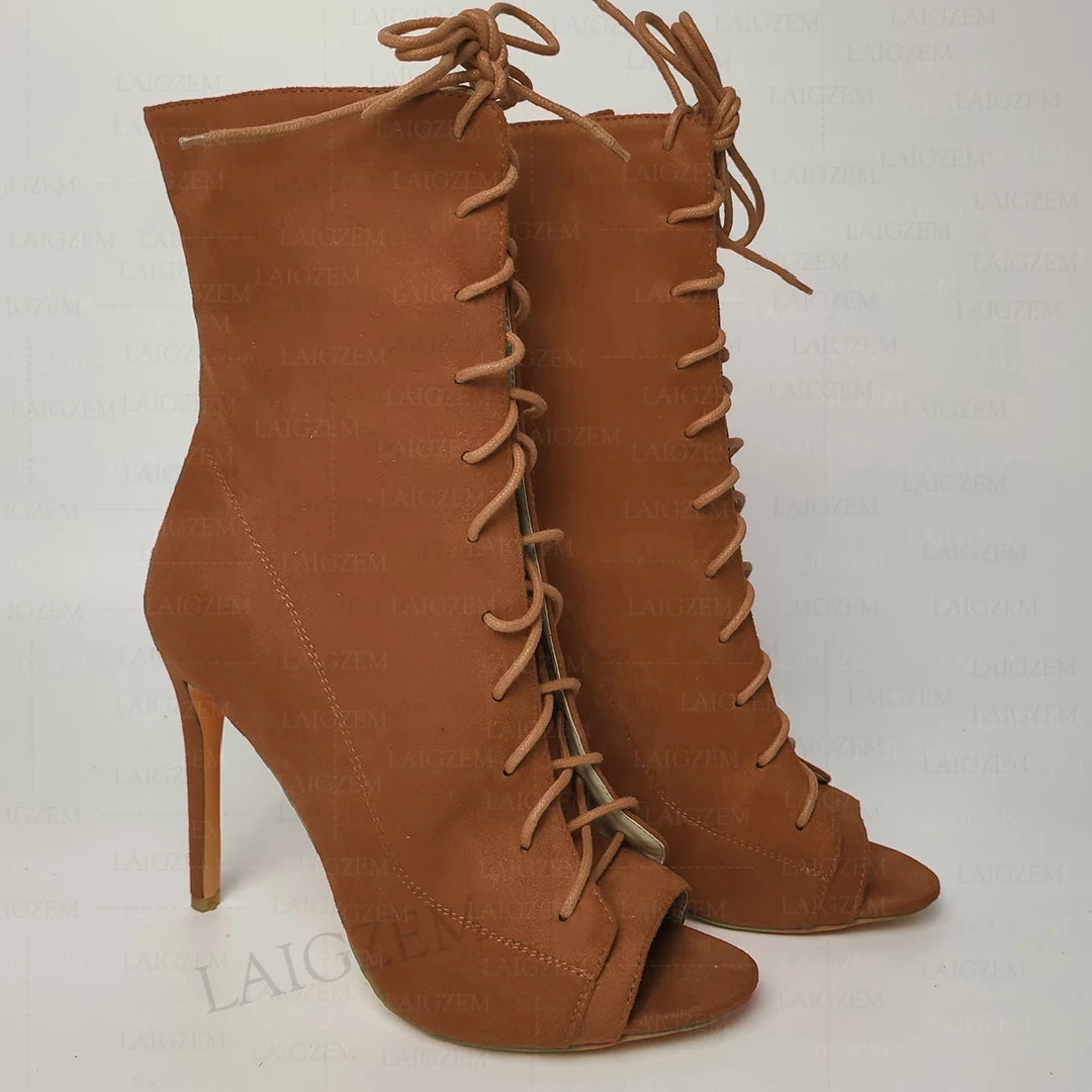 Faux Suede Lace Up Thin High Heels Boots Ladies Botines Shoes Woman