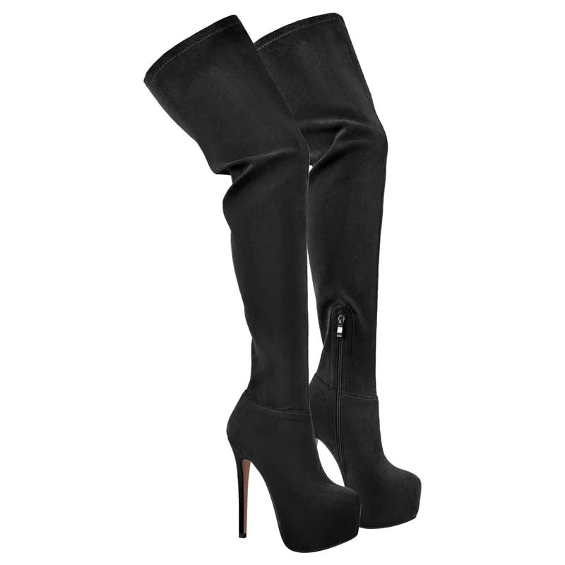 Womens Flock Platform Over The Knee Boots Thin Heel Fashion Thigh High Boots