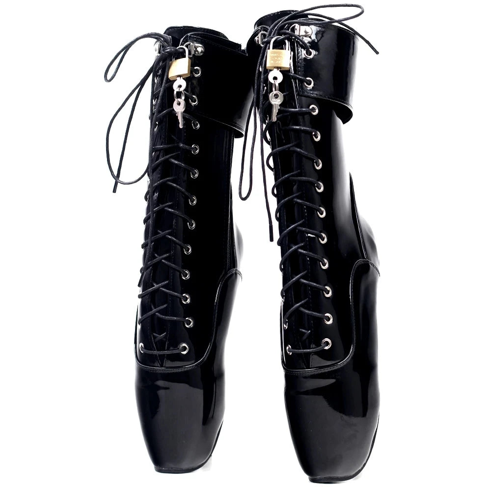 Ankle Ballet Boots Solid PU Leather Women Lockable Sexy Fetish Crossdress Shoes For Womens
