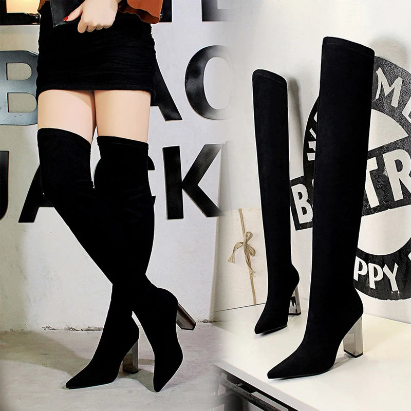 Women Sexy Over The Knee Boots Pointed Top Stretch Boots