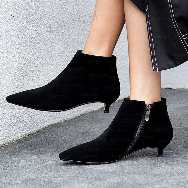 Real Suede Pointed Toe 3.5CM Kitten Heelsn Comfortable Short Booties