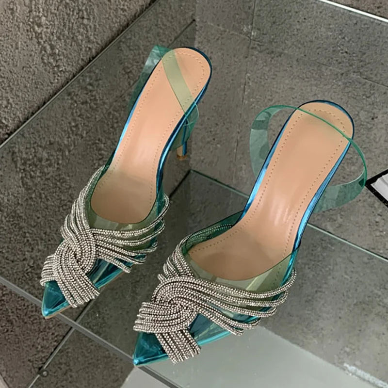 Sexy Crystal Transparent Pointed Toe Woman Pumps High Heels Slingback Sandals