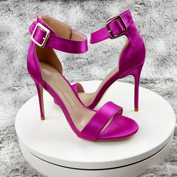 Silk Luxury Sandals Strap Round Toe Buckle Slender heel Square High Heels Shoes