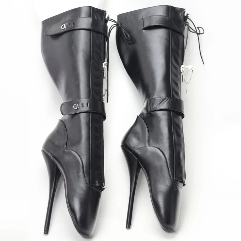 New Ballet Boots 7" Super High Heel Pointed Toe Fetish Lockable Straps With YKK Zip Womens