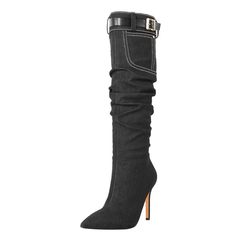 Pointed Toe Denim Knee High Boots Side Zipper Stiletto Fashion Thin Heel Boots