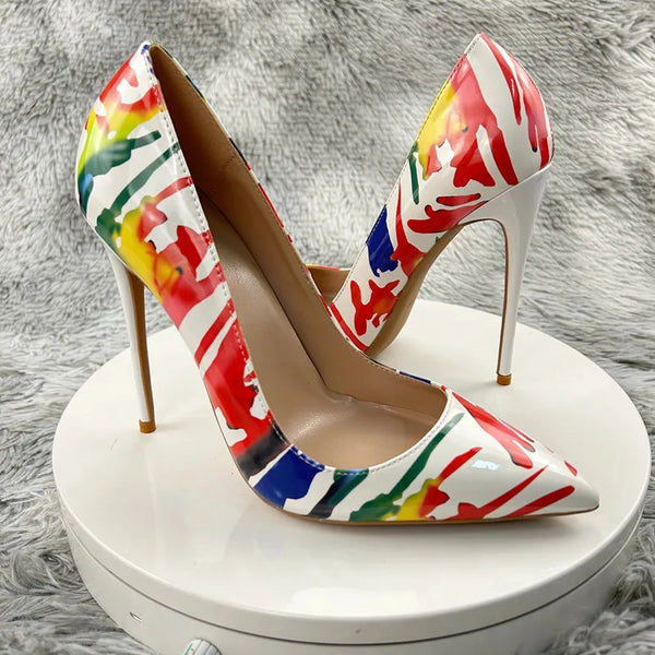 Woman Sexy 12cm Multi Pumps Watercolour Splash Ink Patent Leather High Heels