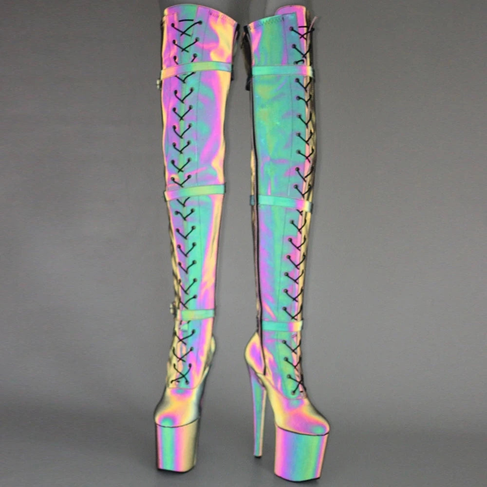 Women Pole Dance Boots Reflective Fabric 20CM High Heel Over-The-Knee Women's