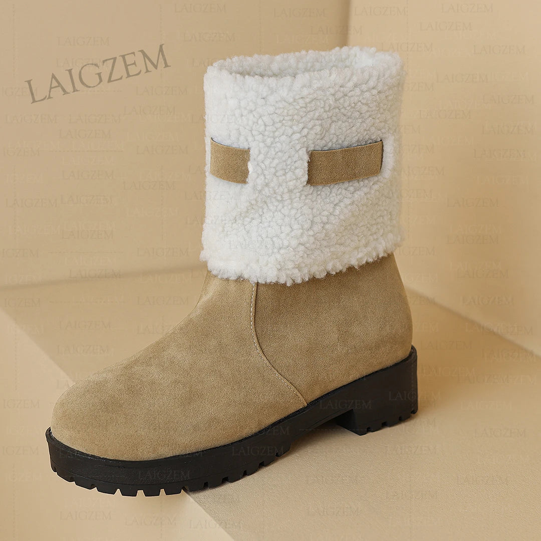 Faux Suede Round Toe 2CM Thick High Heels Winter Short Boots Handmade Shoes Woman